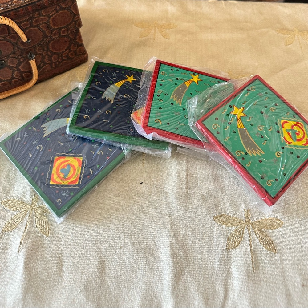 Set of (4) Foreside Colorful Wooden Abstract Star / Comet / Space Coasters.